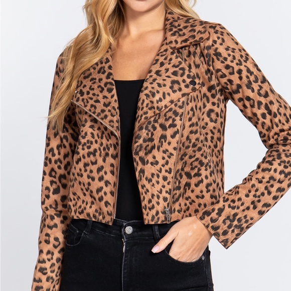 Leopard Print Faux Suede Biker Jacket - Picture 3 of 4